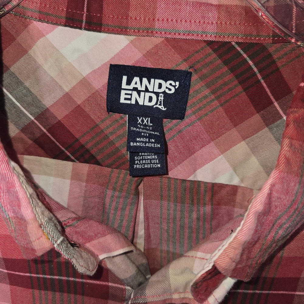 Lands End Mens XXL Red Pink Plaid Button Down Shirt Long Sleeve Traditional Fit - Picture 3 of 8